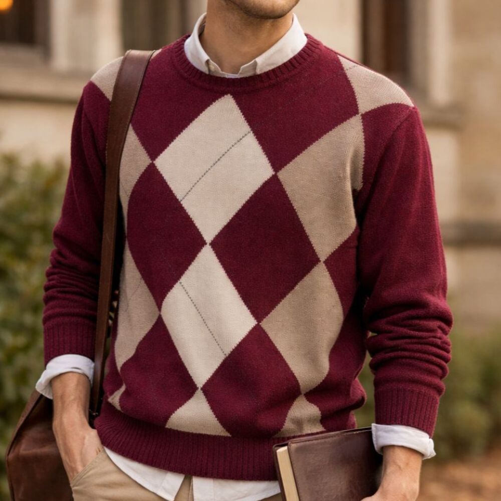 Vintage Geoffrey Beene Argyle Sweater XL Burgundy Cotton Heritage Prep 90s